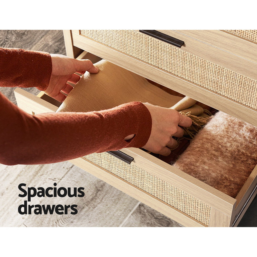 4 Chest of Drawers Briony Oak Tallboy Rattan Style Storage Cabinet Wooden Drawer Unit Pine Finish