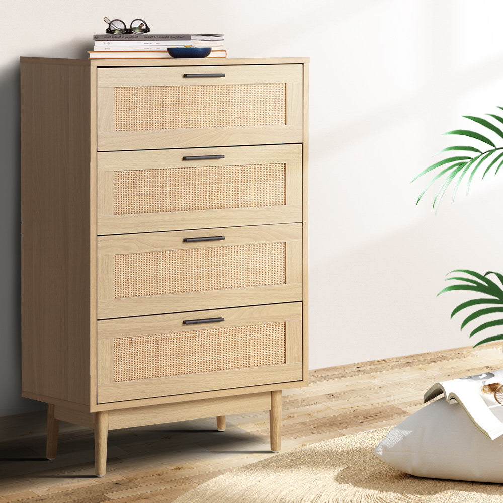 4 Chest of Drawers Briony Oak Tallboy Rattan Style Storage Cabinet Wooden Drawer Unit Pine Finish