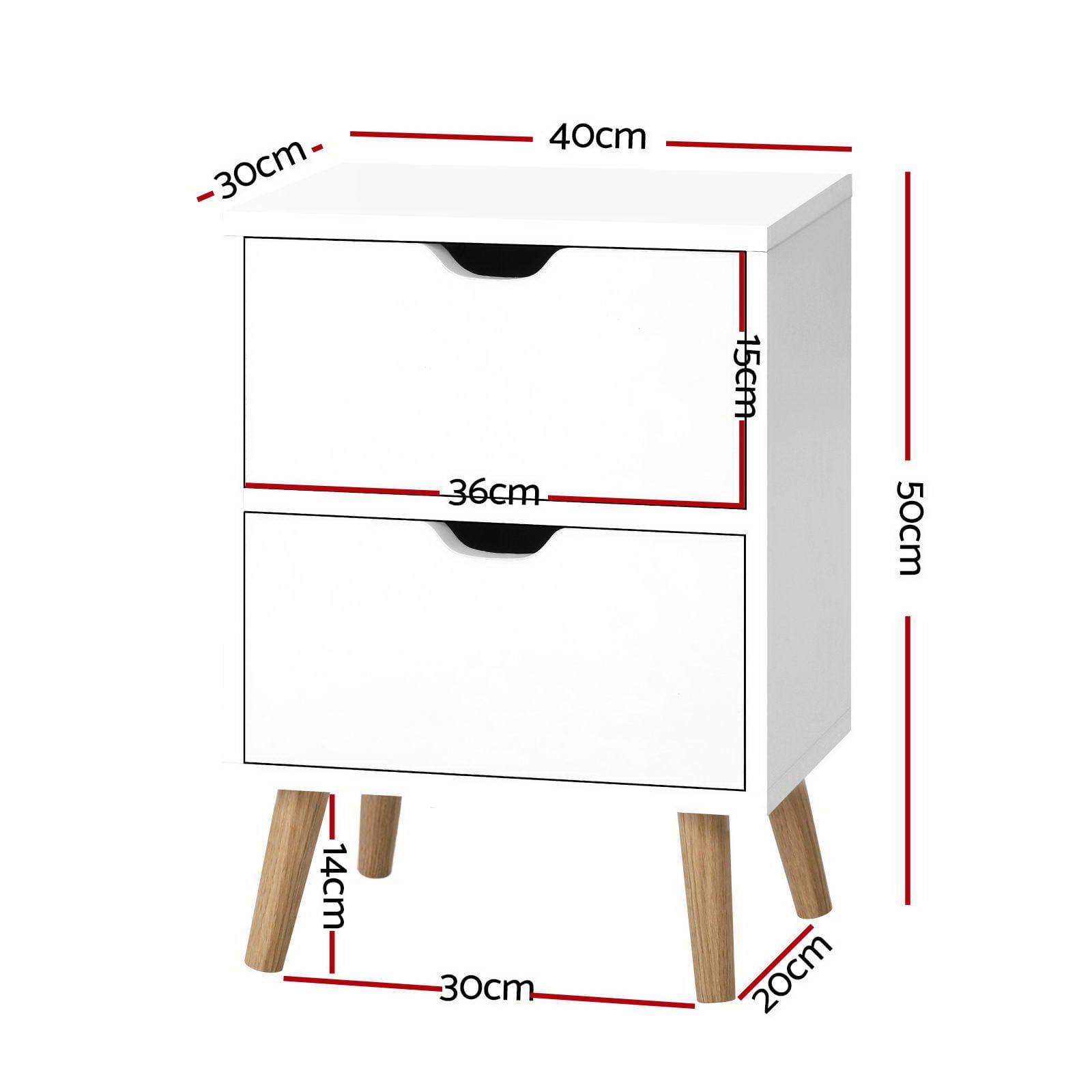 Bedside Table White 2 Drawers 40x30x50cm