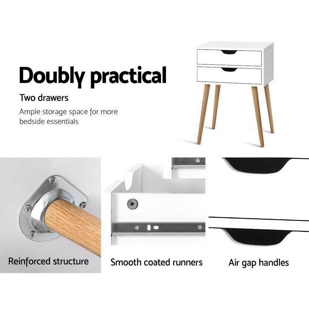 Bedside Table BODIE 2 Drawers White Nightstand Storage Furniture