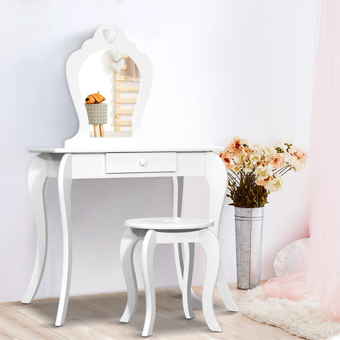 Kids Dressing Table Stool Set Vanity Mirror Princess Children Makeup White