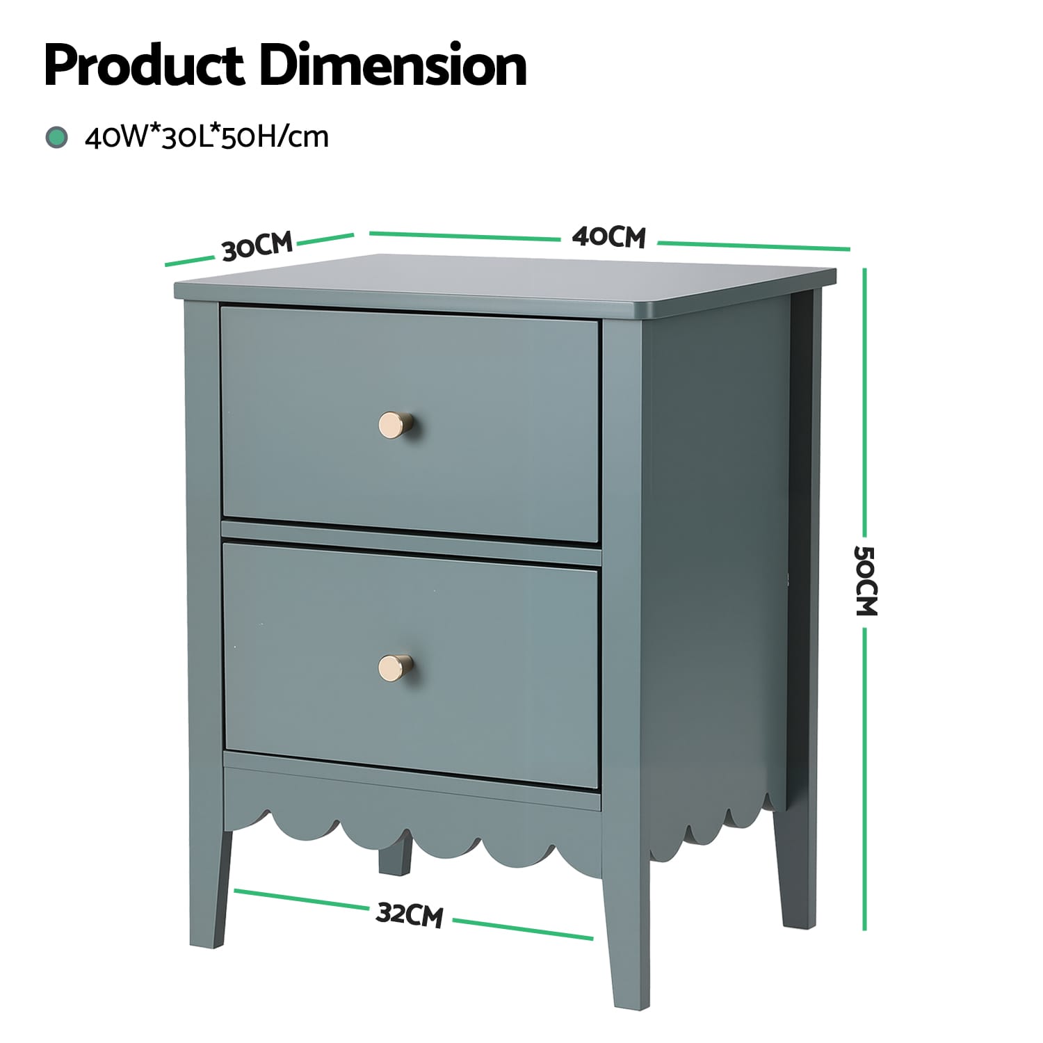 Bedside Table 2 Drawers Green 40x30x50cm