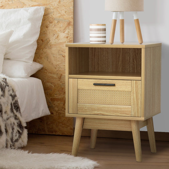 Rattan Bedside Table 1 Drawer with Shelf - REI Oak - Tables Side Nightstand Storage