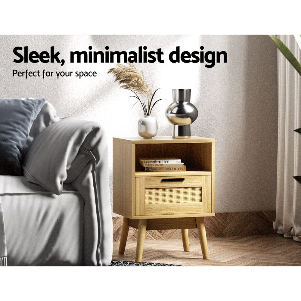 Rattan Bedside Table 1 Drawer with Shelf - REI Oak, Oak colour