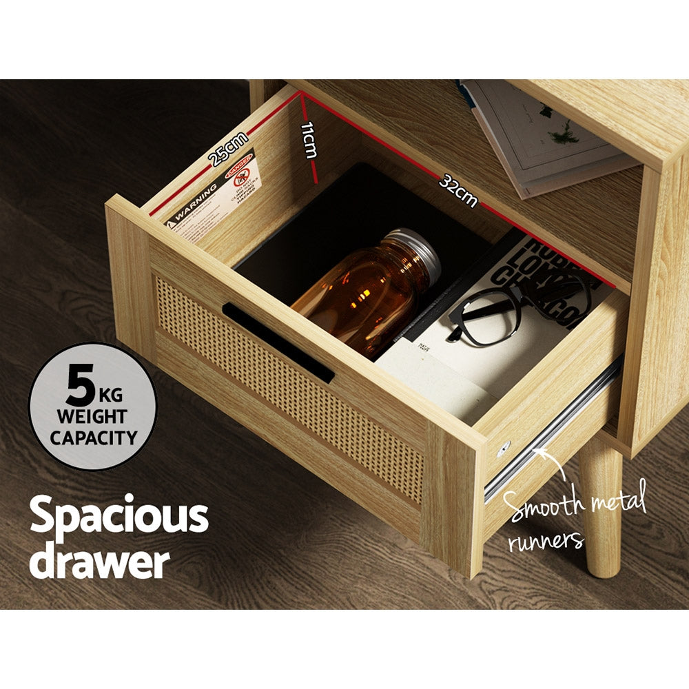 Rattan Bedside Table 1 Drawer with Shelf - REI Oak with Rattan finish