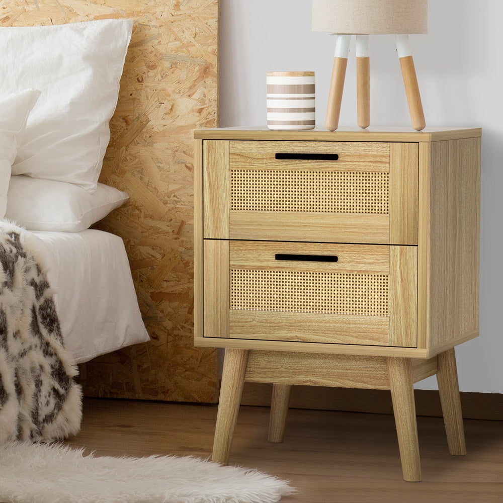 Rattan Bedside Table 2 Drawers Wood - RIE Oak - Tables Side Nightstand Storage