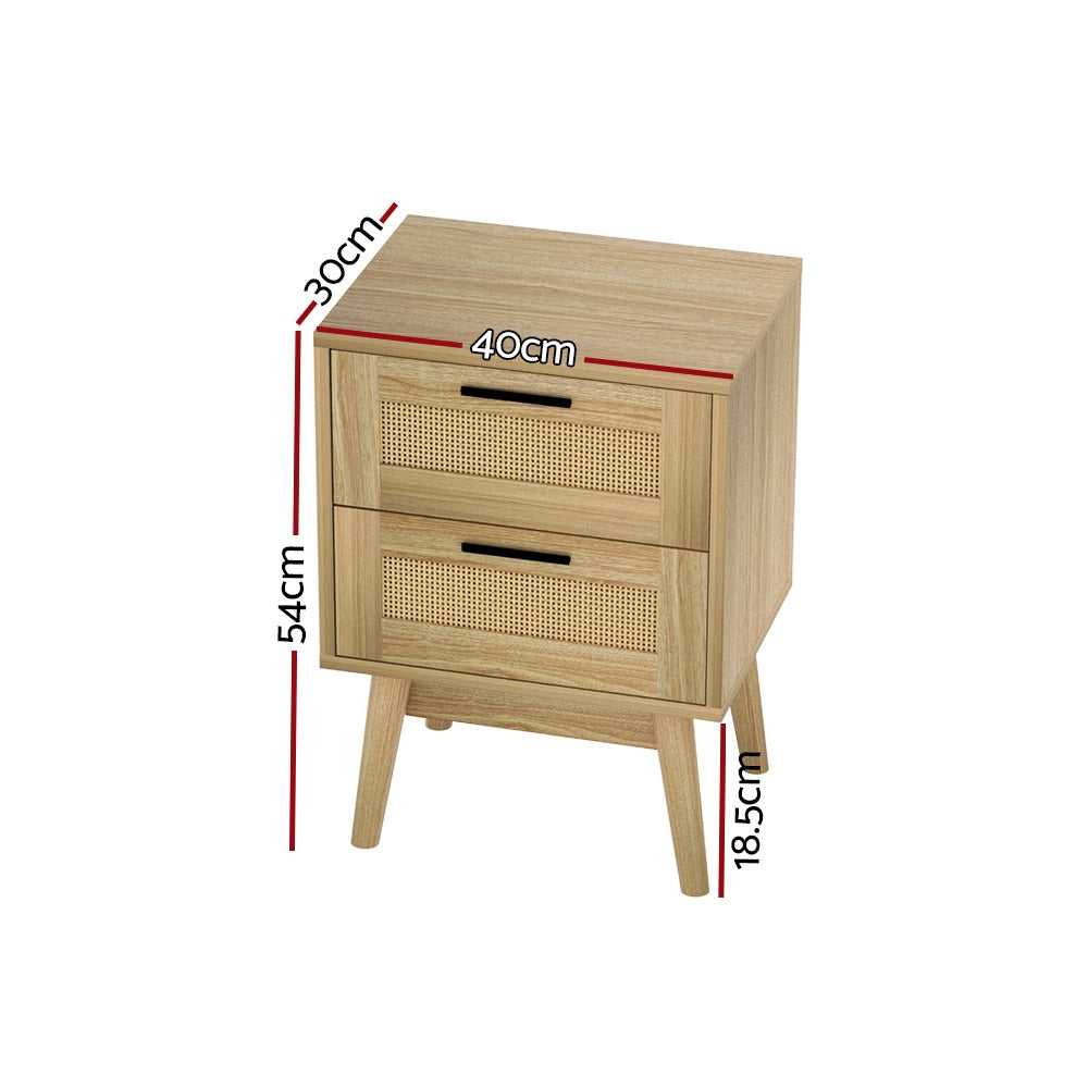 Bedside Tables - Rattan Bedside Table 2 Drawers Wood - RIE Oak