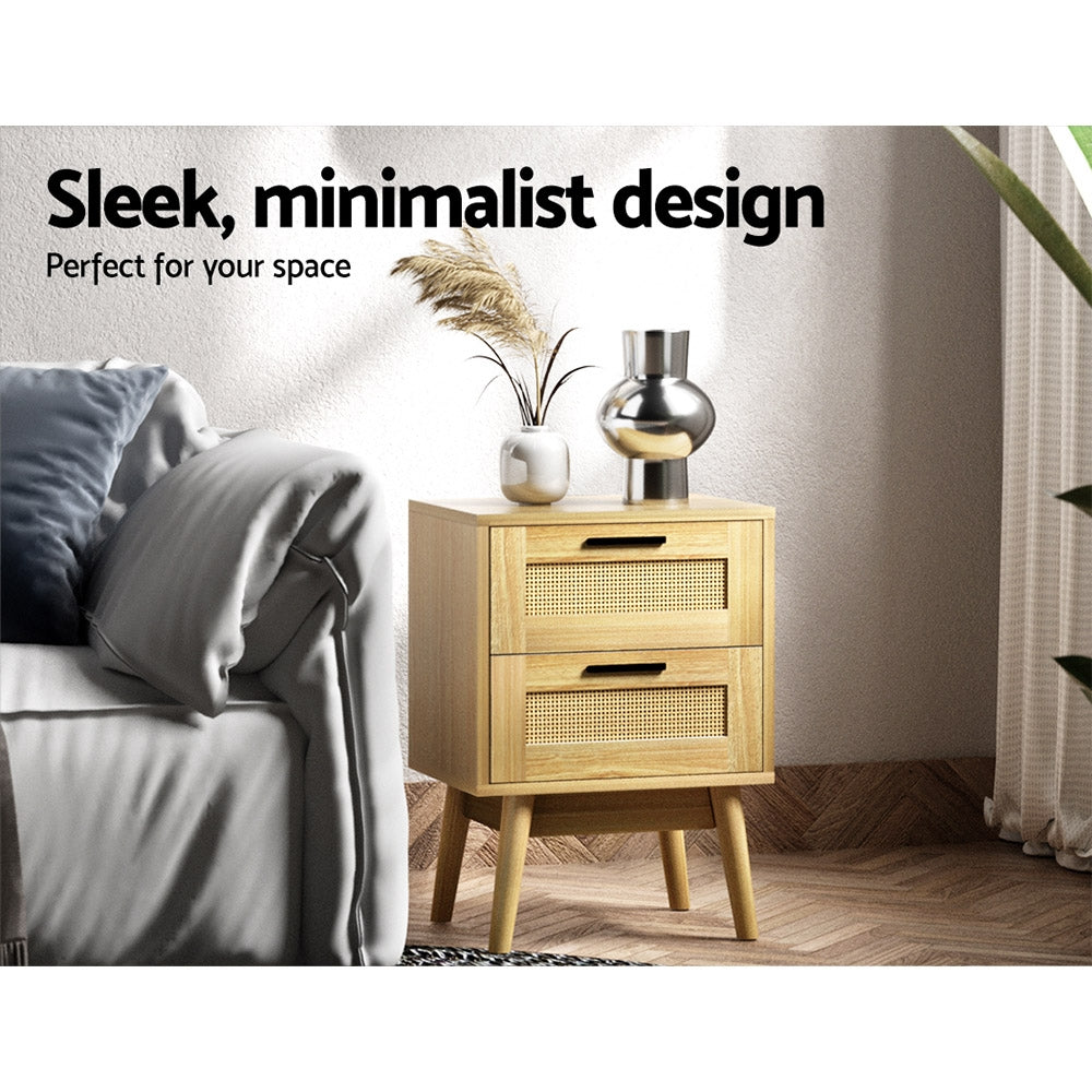 Rattan Bedside Table 2 Drawers Wood - RIE Oak, Rattan finish