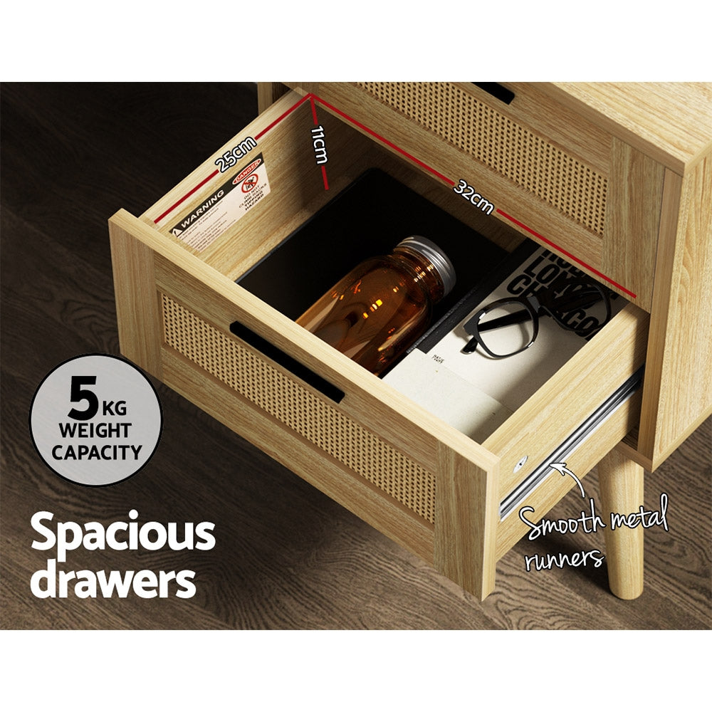 Tables Side Nightstand Storage - Rattan Bedside Table 2 Drawers Wood - RIE Oak