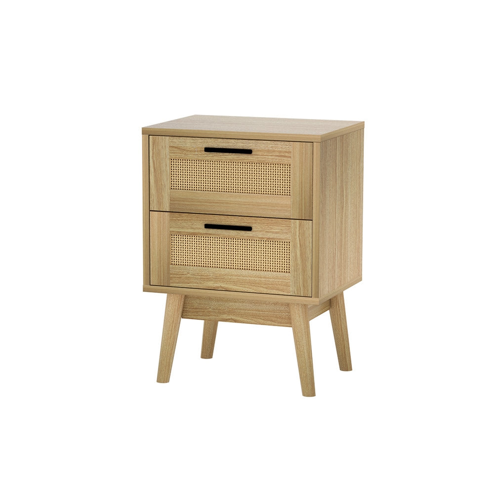 Rattan finish - Rattan Bedside Table 2 Drawers Wood - RIE Oak