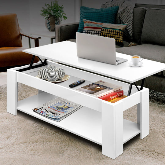 Lift Top Coffee Table White Storage Modern Living Room Table with Shelf - Artiss Mechanical Furni Cof