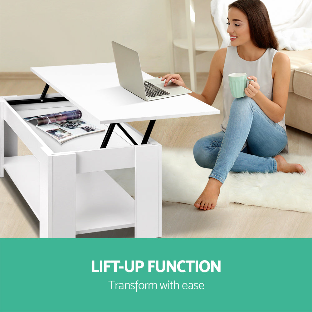 Lift Top Coffee Table White Storage Modern Living Room Table with Shelf