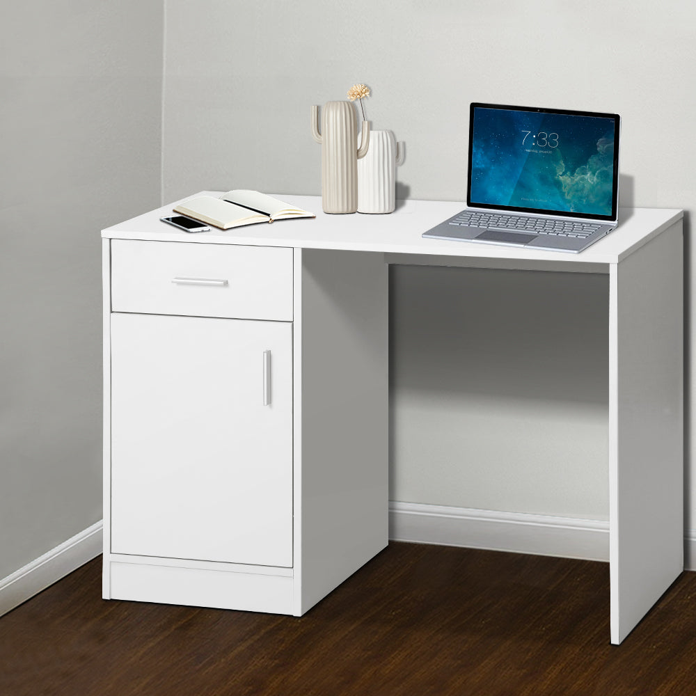 White Computer Desk 100cm with Drawer Cabinet Study Office Work Table
