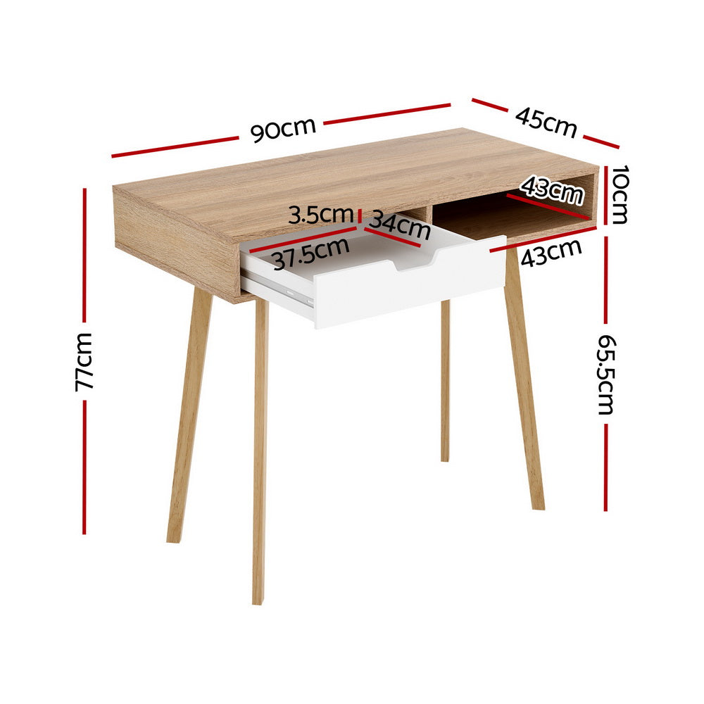 Computer Desk Drawer Cabinet Shelf Oak 90Cm