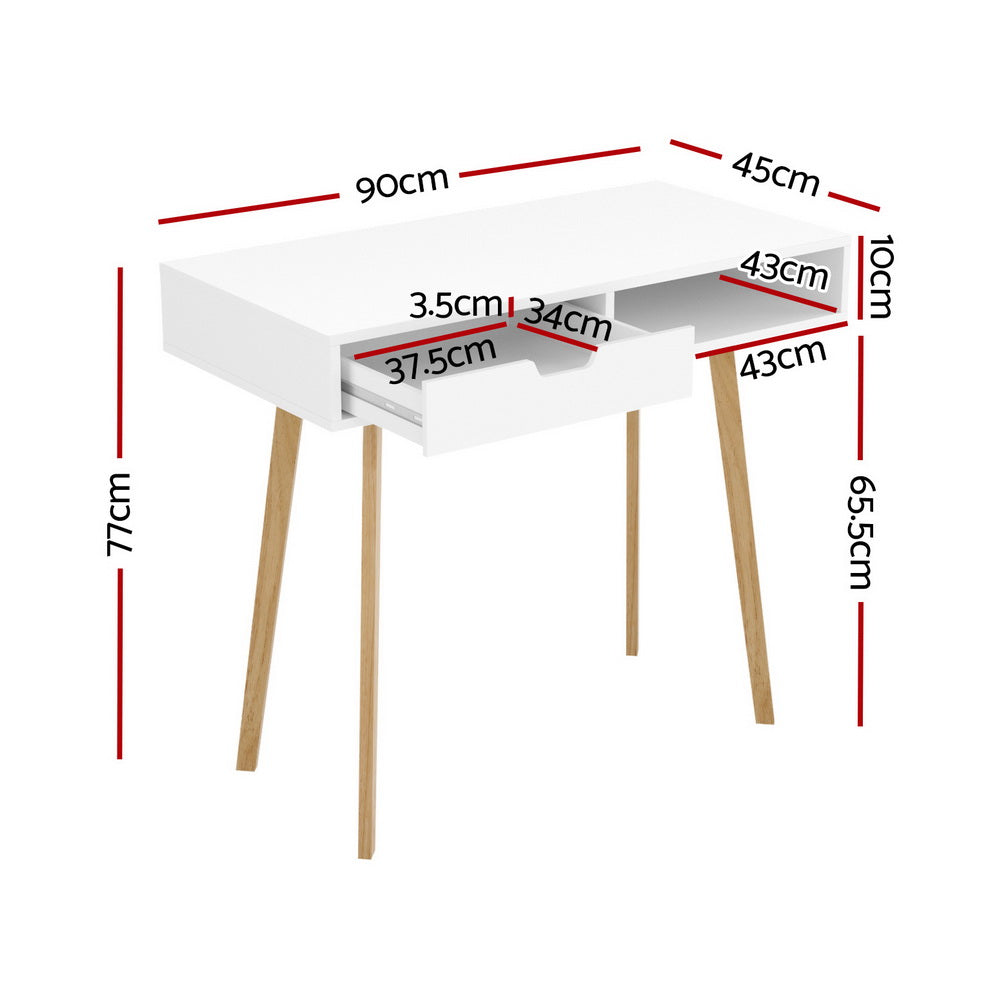 White Computer Desk with Drawer and Shelf 90cm Office Table