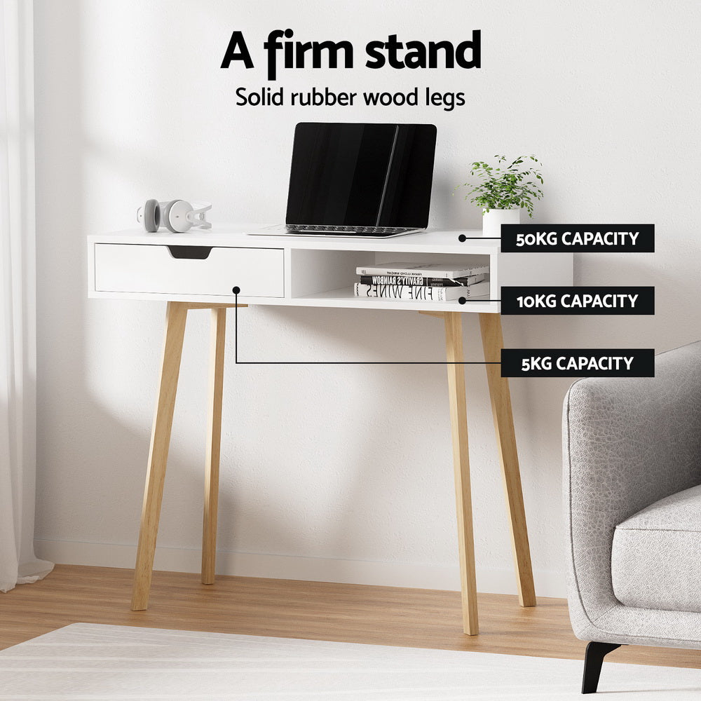 White Computer Desk with Drawer and Shelf 90cm Office Table