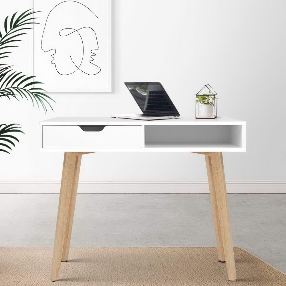 White Computer Desk with Drawer and Shelf 90cm Office Table