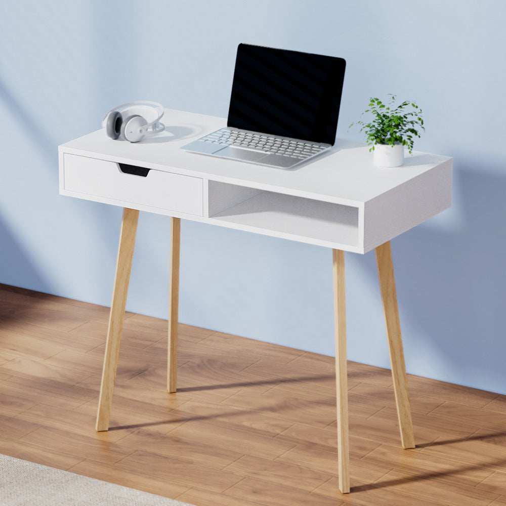 White Computer Desk with Drawer and Shelf 90cm Office Table