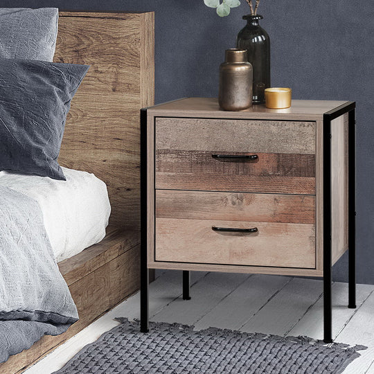 2 Drawer Bedside Table Oak Metal Frame Nightstand Cabinet - Artiss Furni Ind Bside