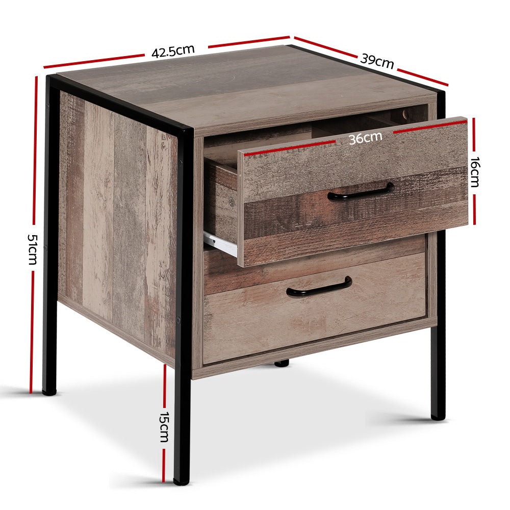 2 Drawer Bedside Table Oak Metal Frame Nightstand Cabinet