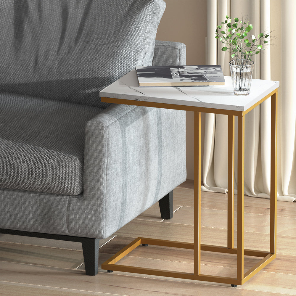 Marble Effect Side Table White Industrial Coffee Table Metal Frame 45cm