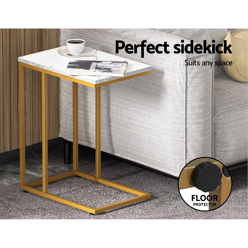 Marble Effect Side Table White Industrial Coffee Table Metal Frame 45cm