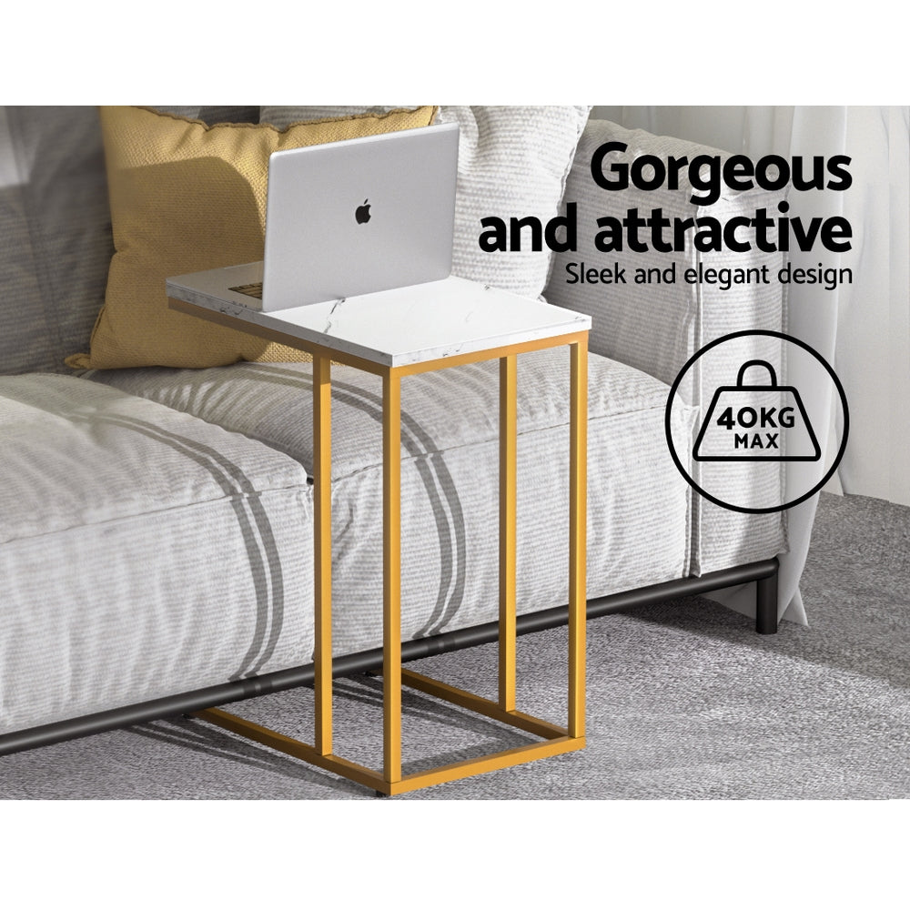 Marble Effect Side Table White Industrial Coffee Table Metal Frame 45cm
