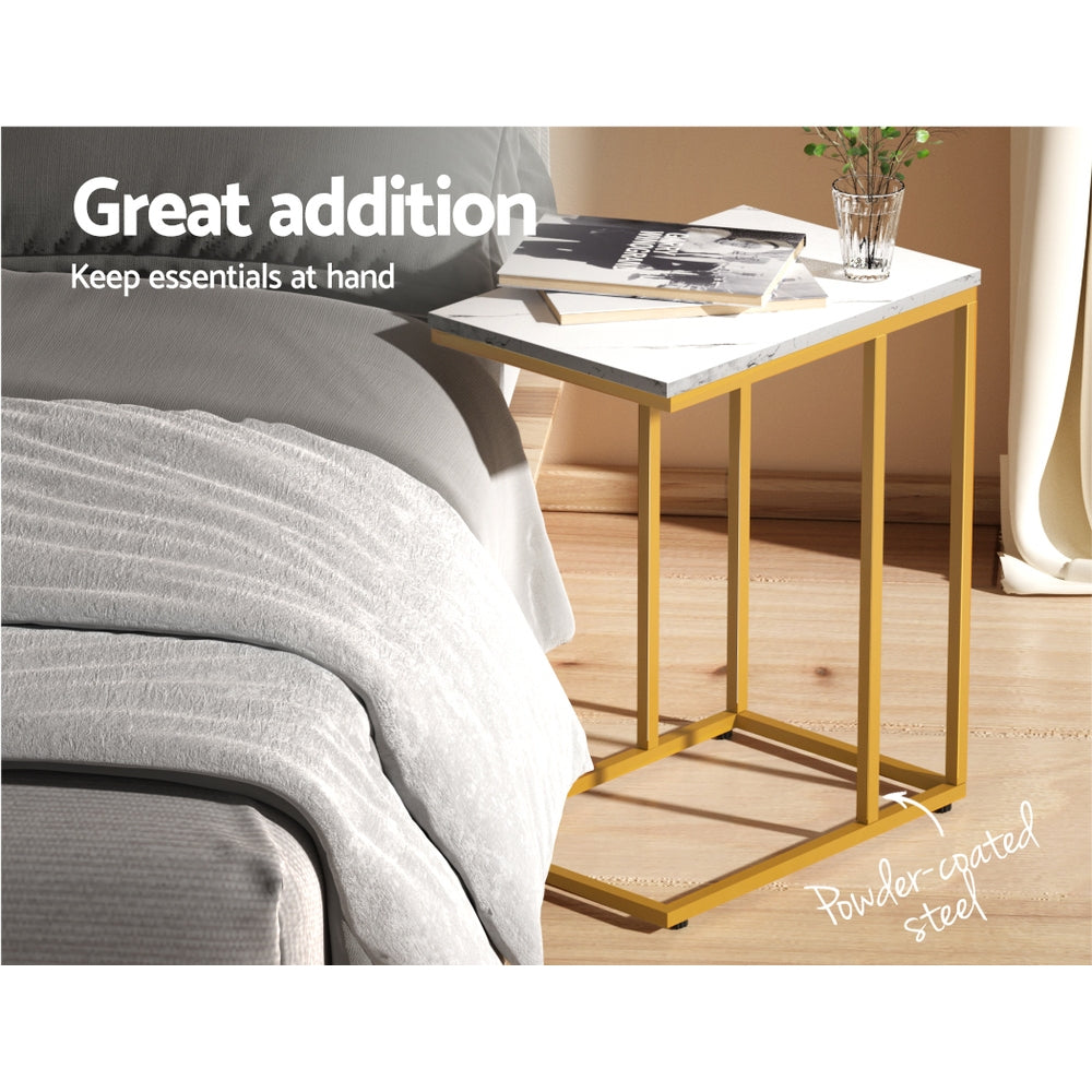 Marble Effect Side Table White Industrial Coffee Table Metal Frame 45cm