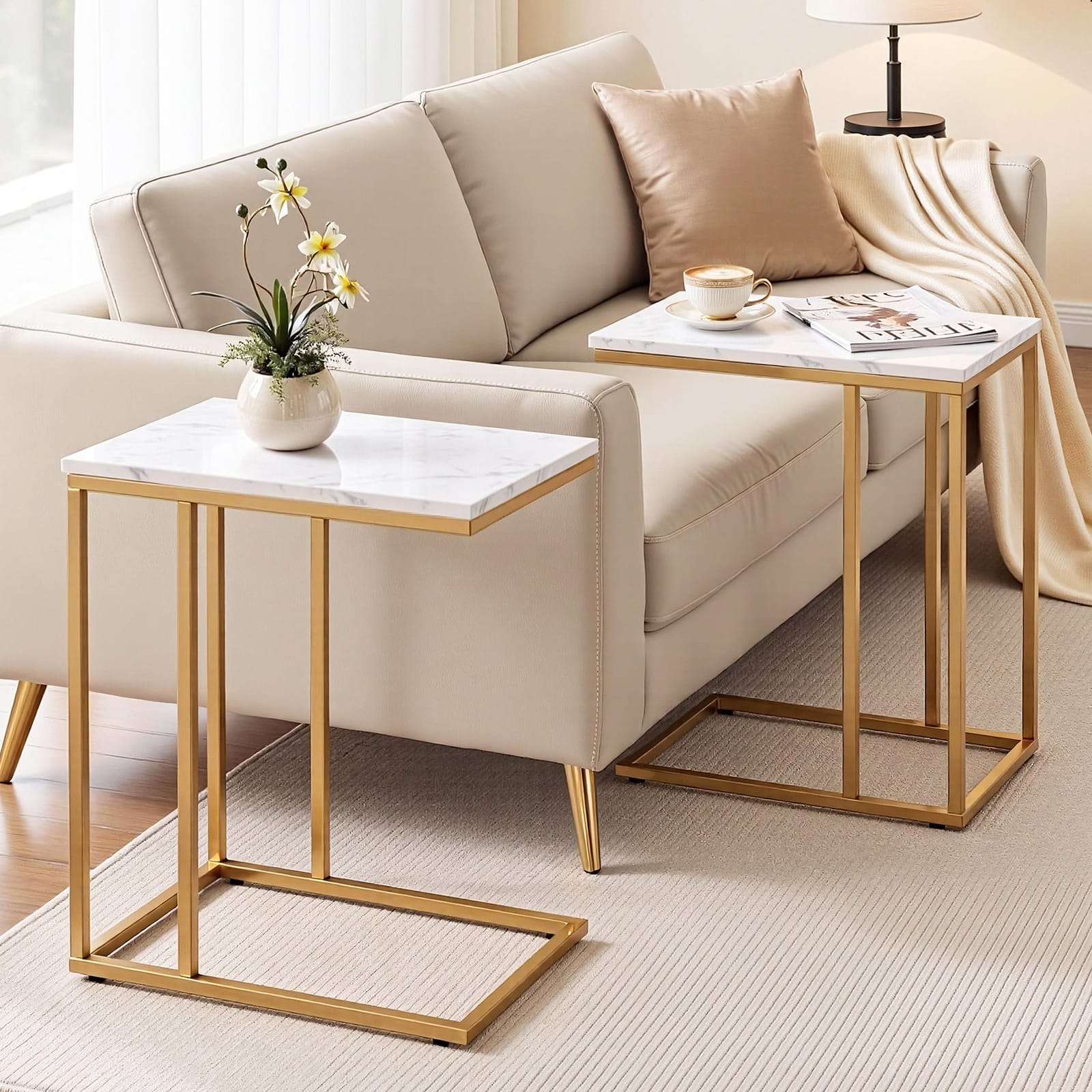 C Shaped End Tables White Marble 45x30x54cm