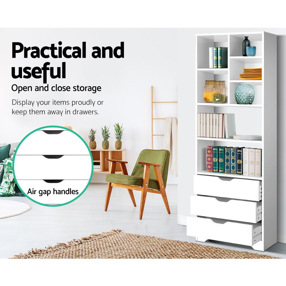 White Bookshelf with Drawers Storage Shelving Unit for Home