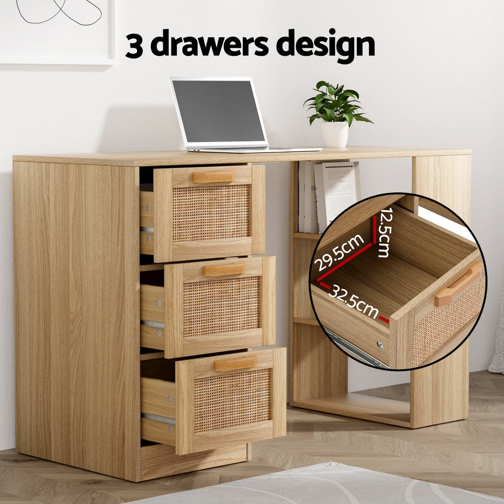 Computer Desk Drawer Shelf Home Office Study Table Rattan Oak 120Cm
