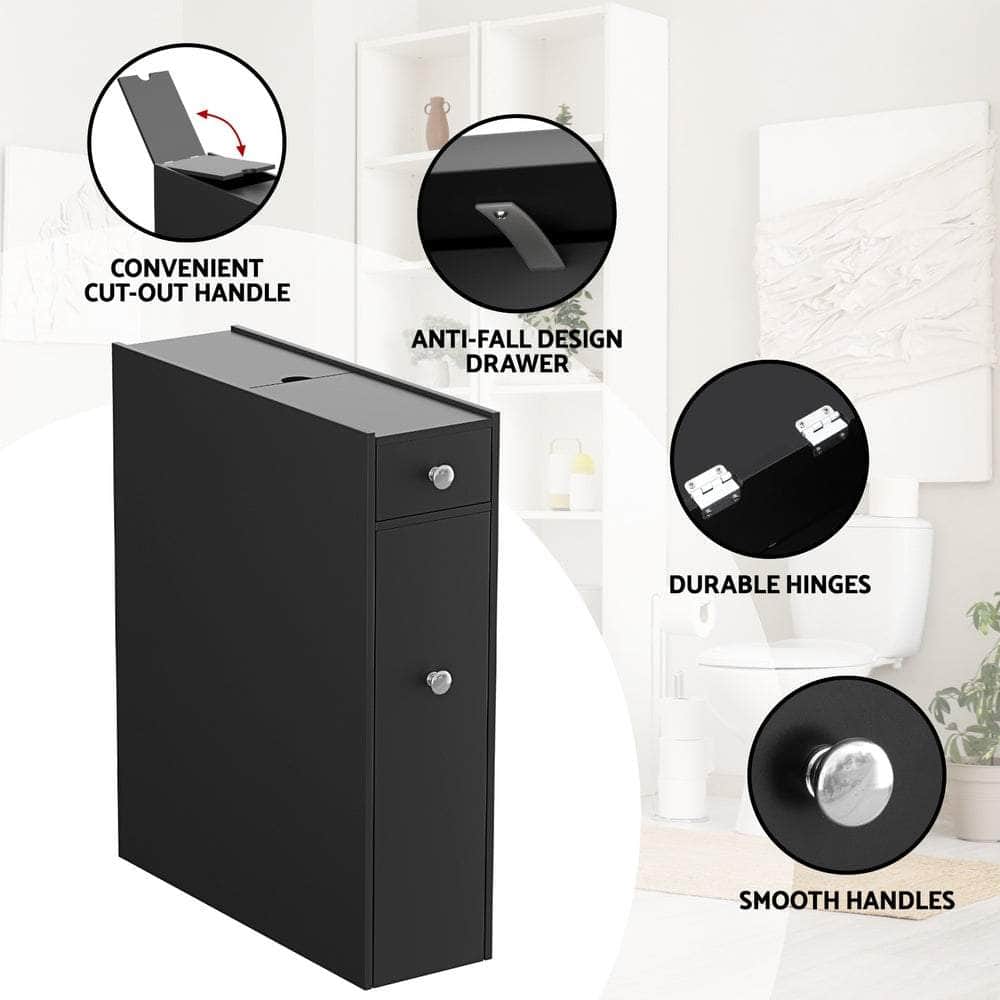 Slim Wooden Bathroom Cabinet with Tissue Box Holder - Black