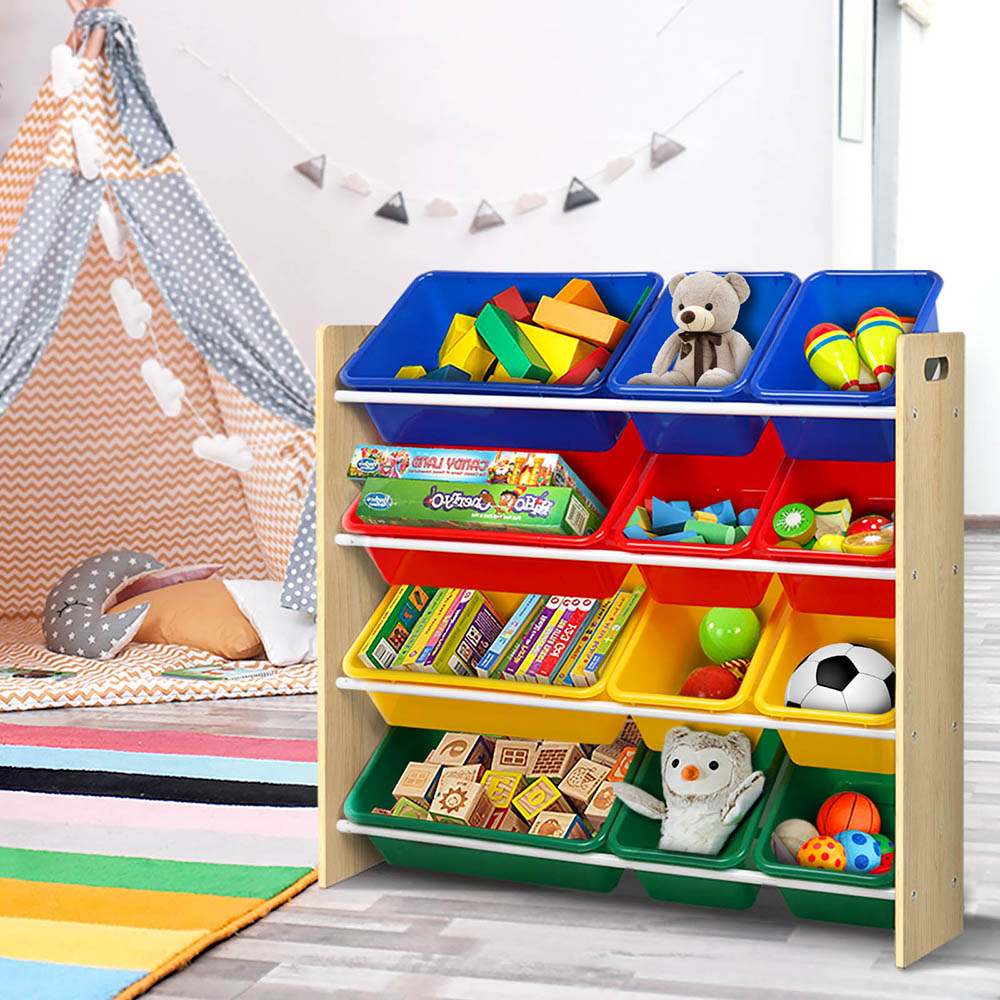 Kids Toy Box 12 Bins Bookshelf Organiser Children Storage Rack