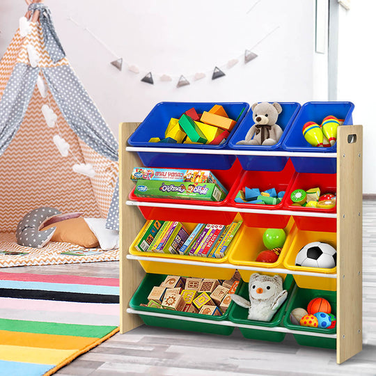 Kids Toy Box 12 Bins Bookshelf Organiser Children Storage Rack