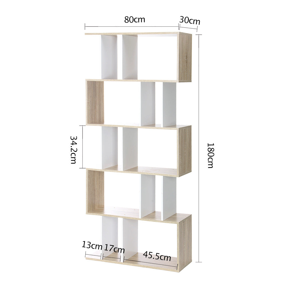 5 Tier Bookshelf Rita White and Oak Storage Display Shelving Unit