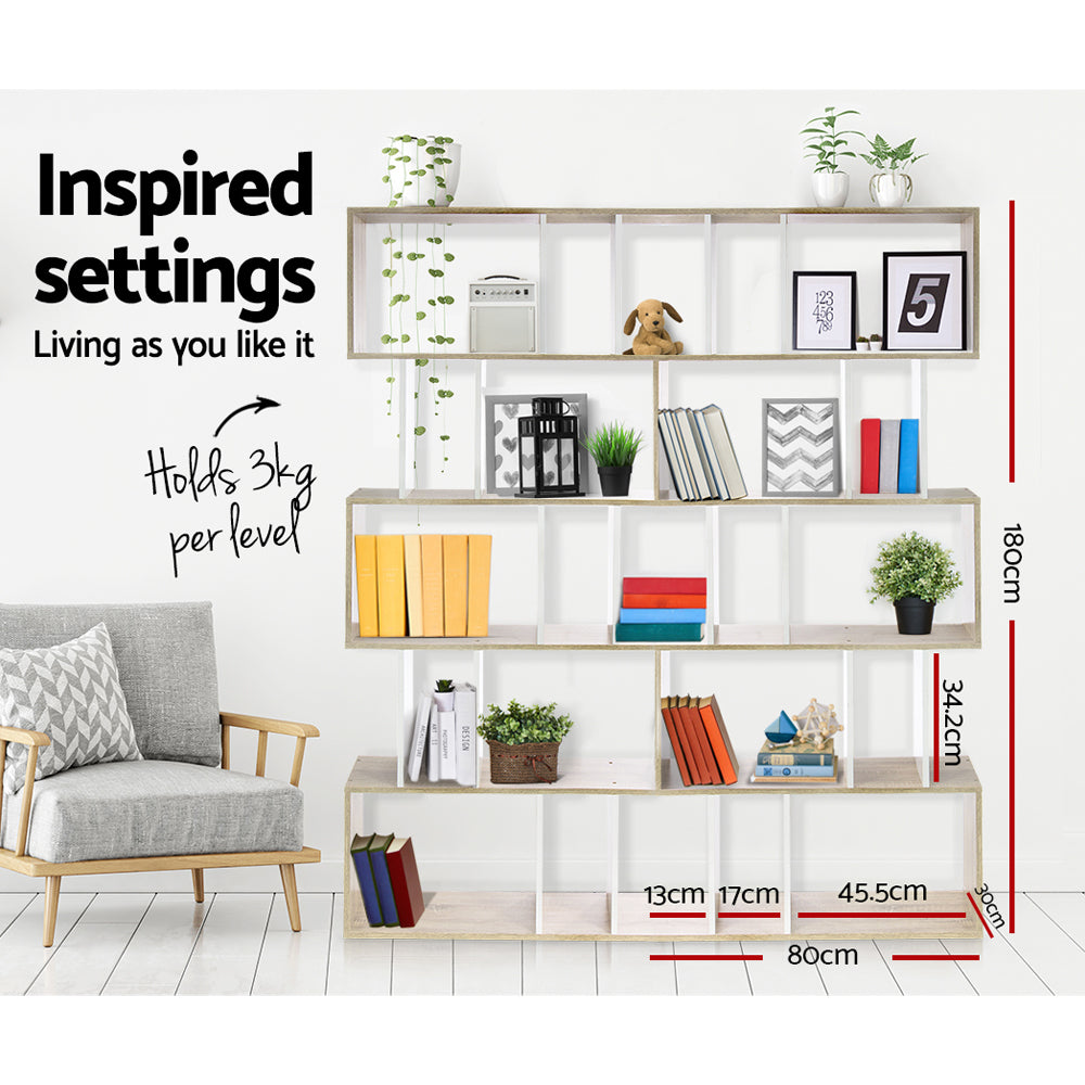 5 Tier Bookshelf Rita White and Oak Storage Display Shelving Unit