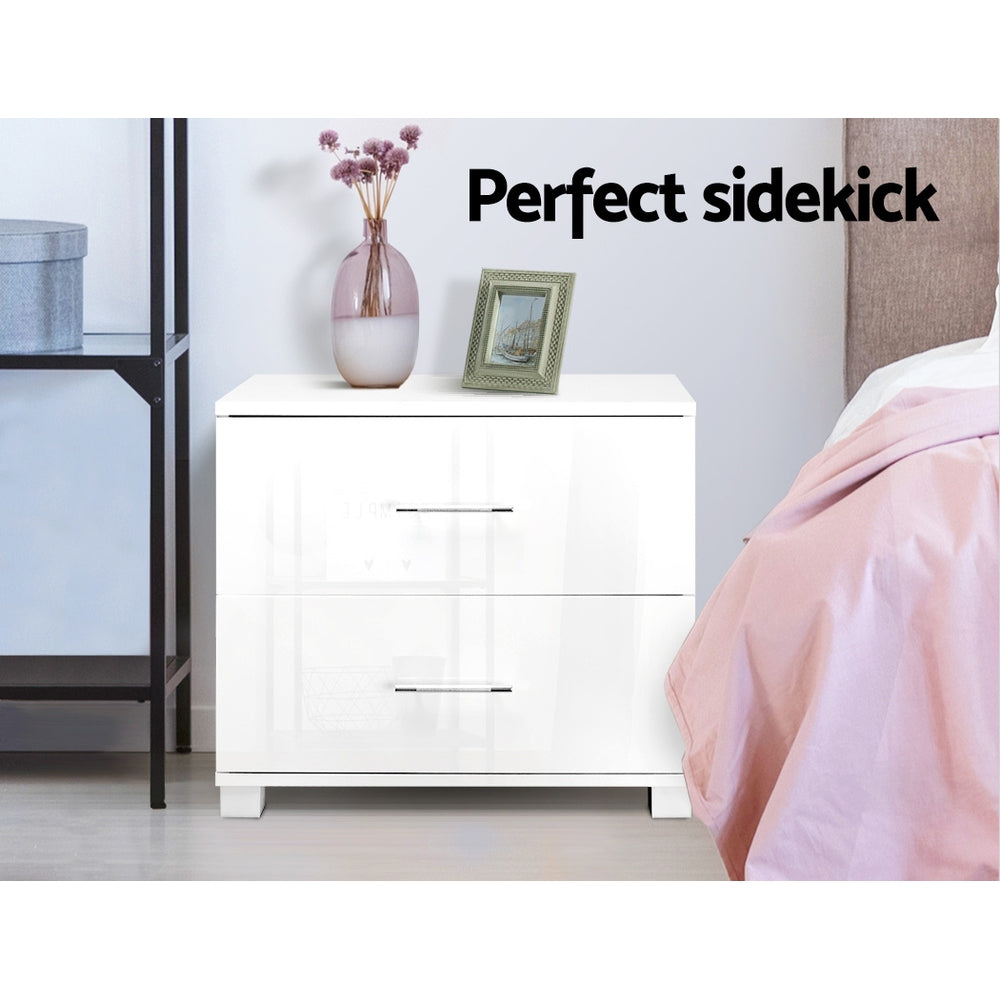 White High Gloss Bedside Table 2 Drawer Nightstand