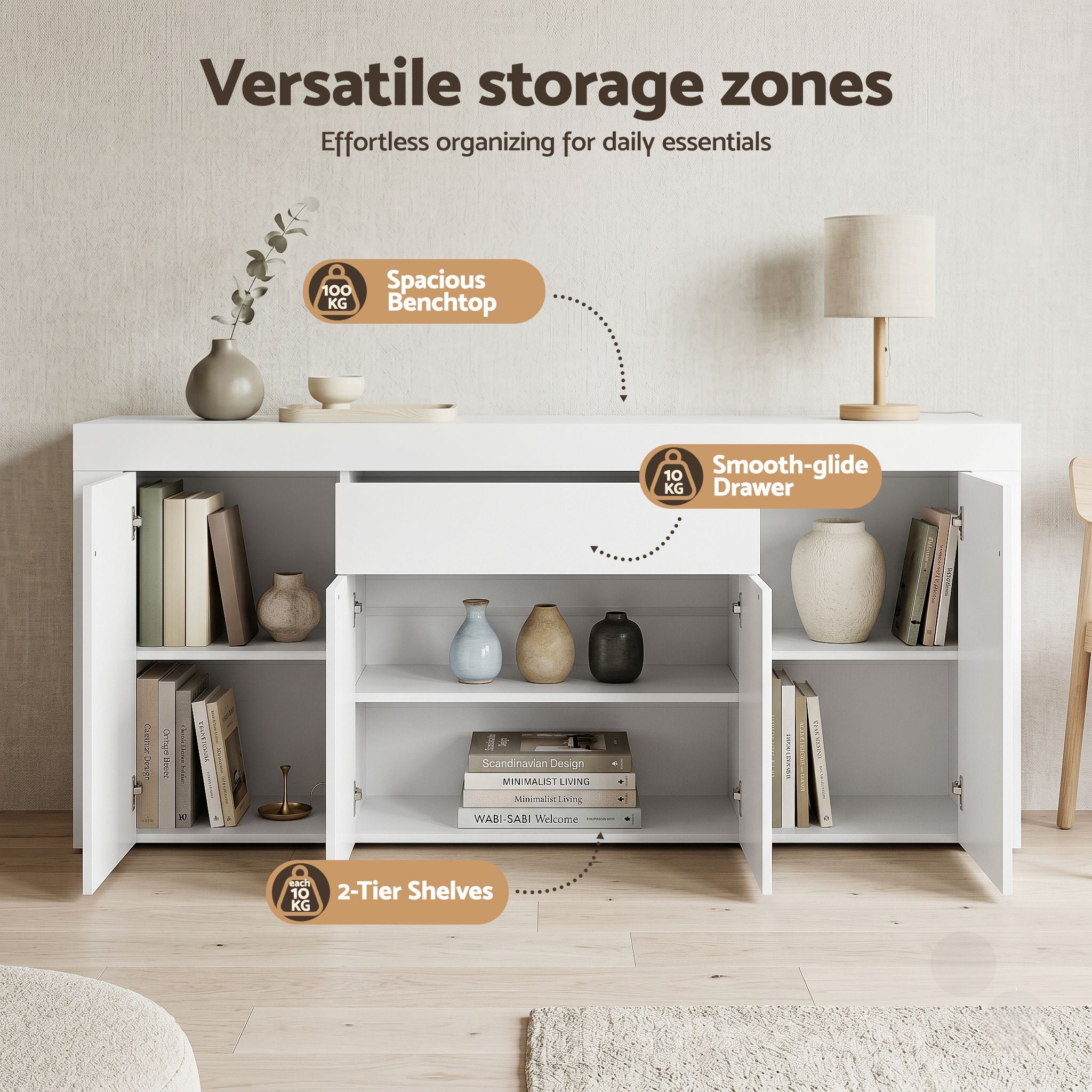 Buffet Sideboard Cabinet 180cm White Storage | Simpledeals