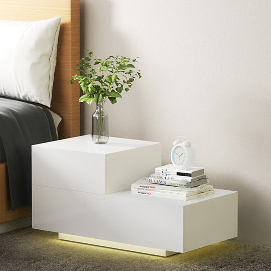 Bedside Tables LED 2 Drawers - REMI White - Side Table Rgb High