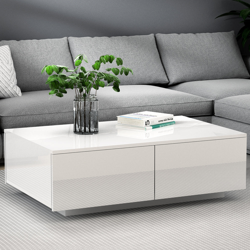 Modern Coffee Table 4 Storage Drawers High Gloss Living Room White