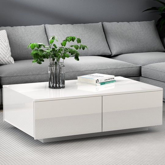 Modern Coffee Table 4 Storage Drawers High Gloss Living Room White - Coffee Tables