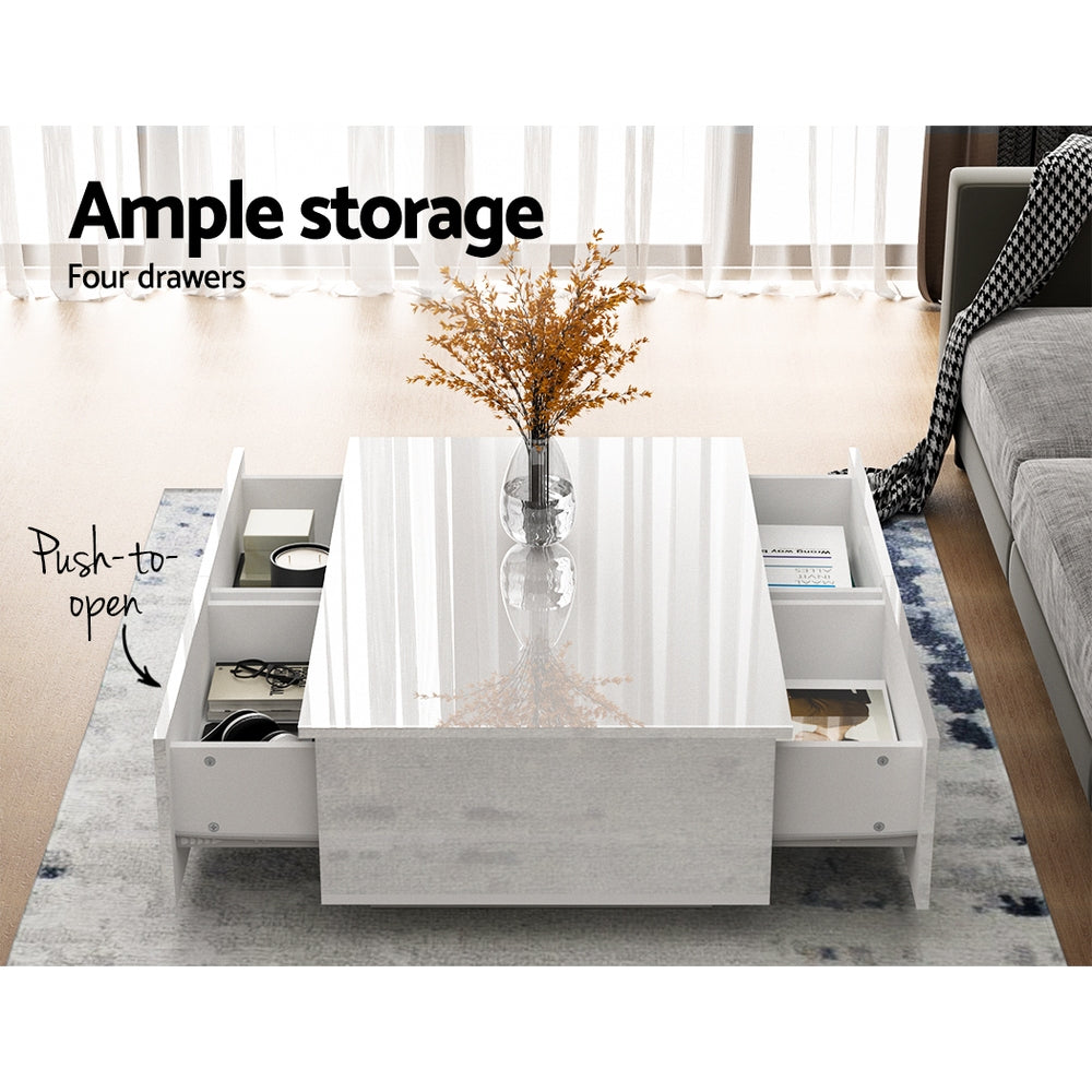 Modern Coffee Table 4 Storage Drawers High Gloss Living Room White