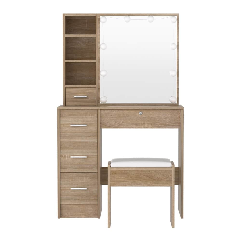 Dressing Table Set with Stool and 10 LED Bulbs, Elegant Wooden - Stylish Design