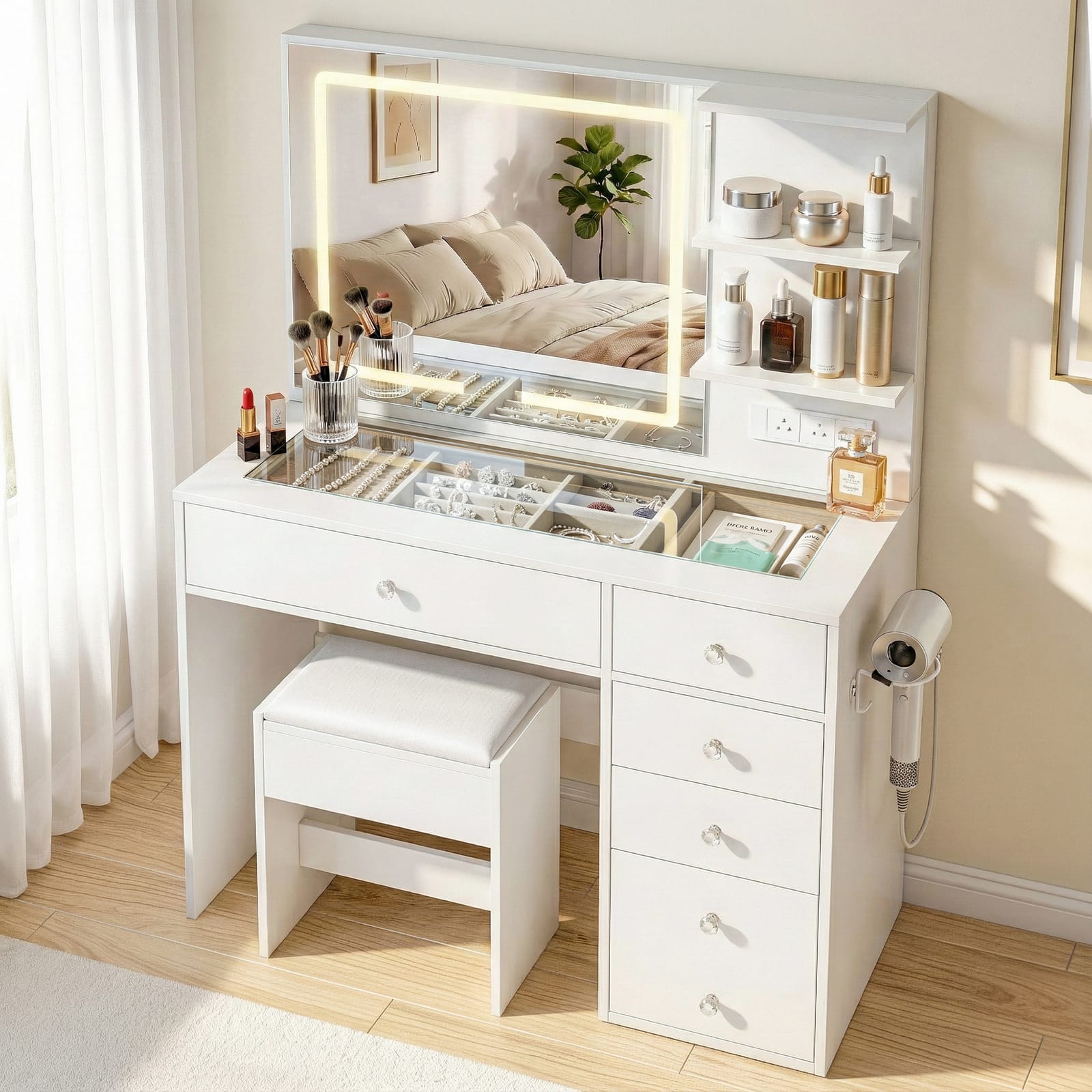 Vanity Desk White Led 104x43x140cm