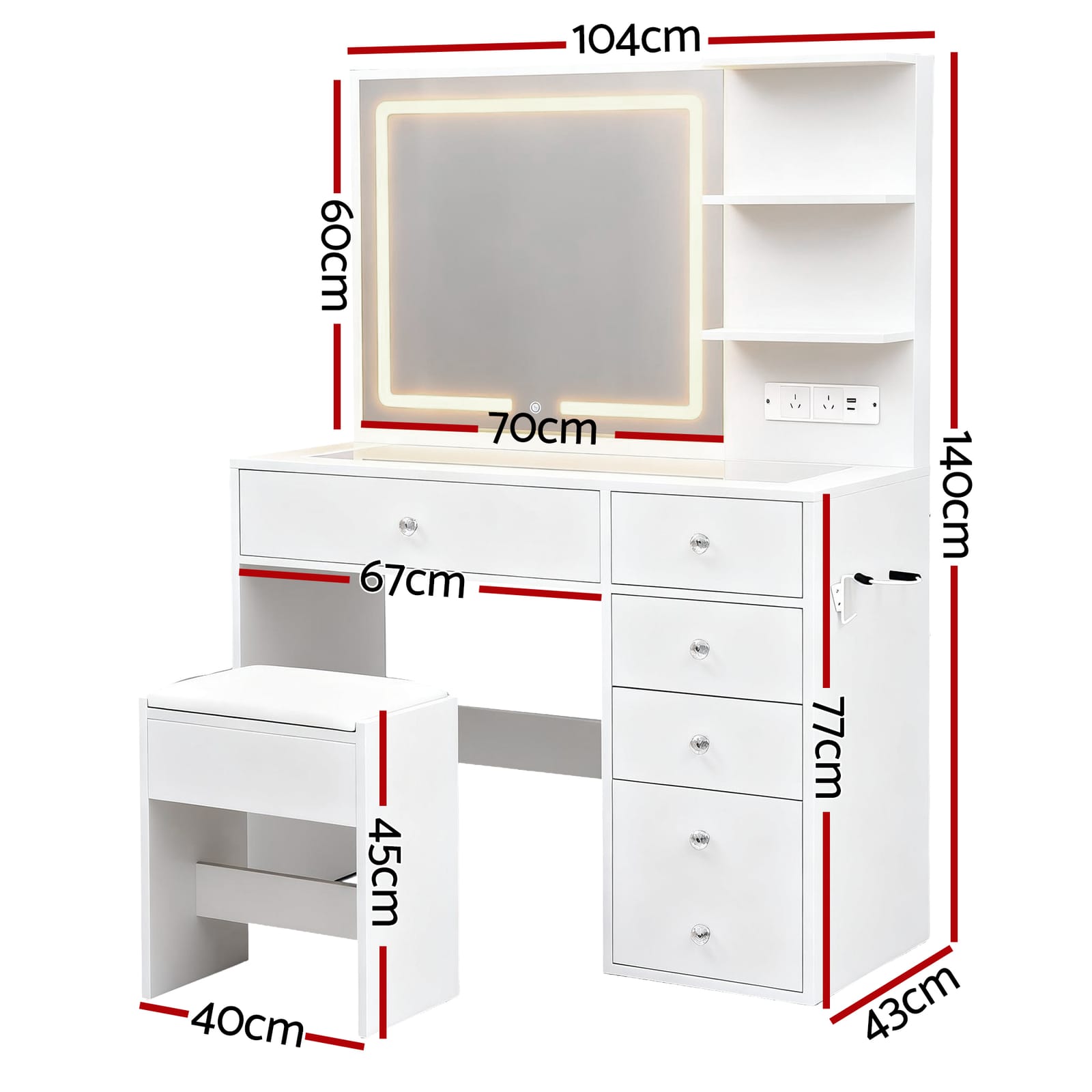 Vanity Desk White Led 104x43x140cm