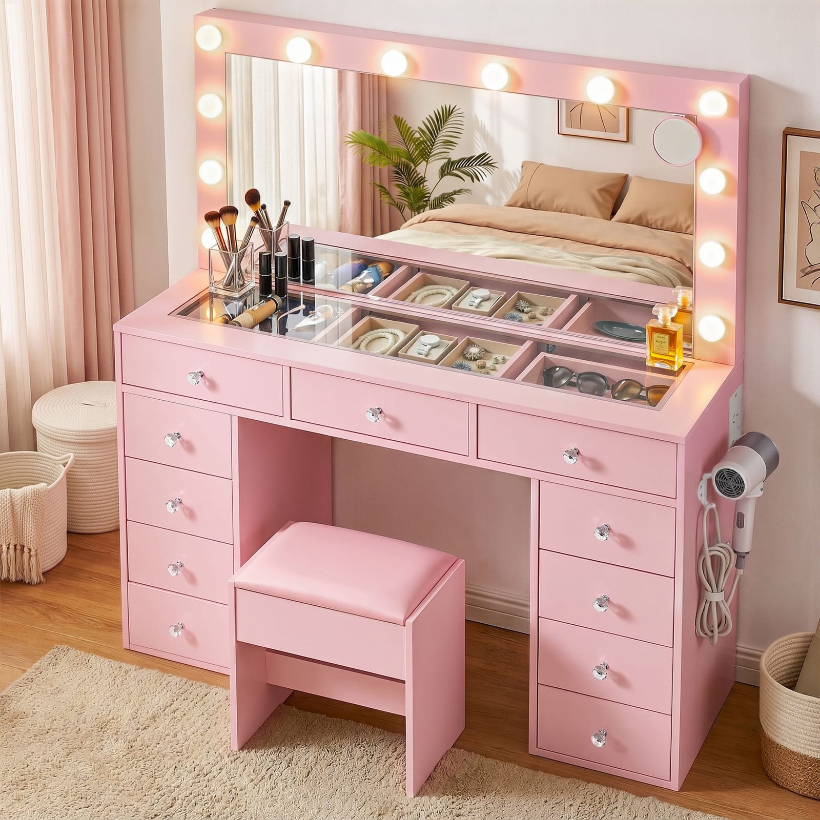 Dressing Table Pink Vanity Set 120x35x142cm