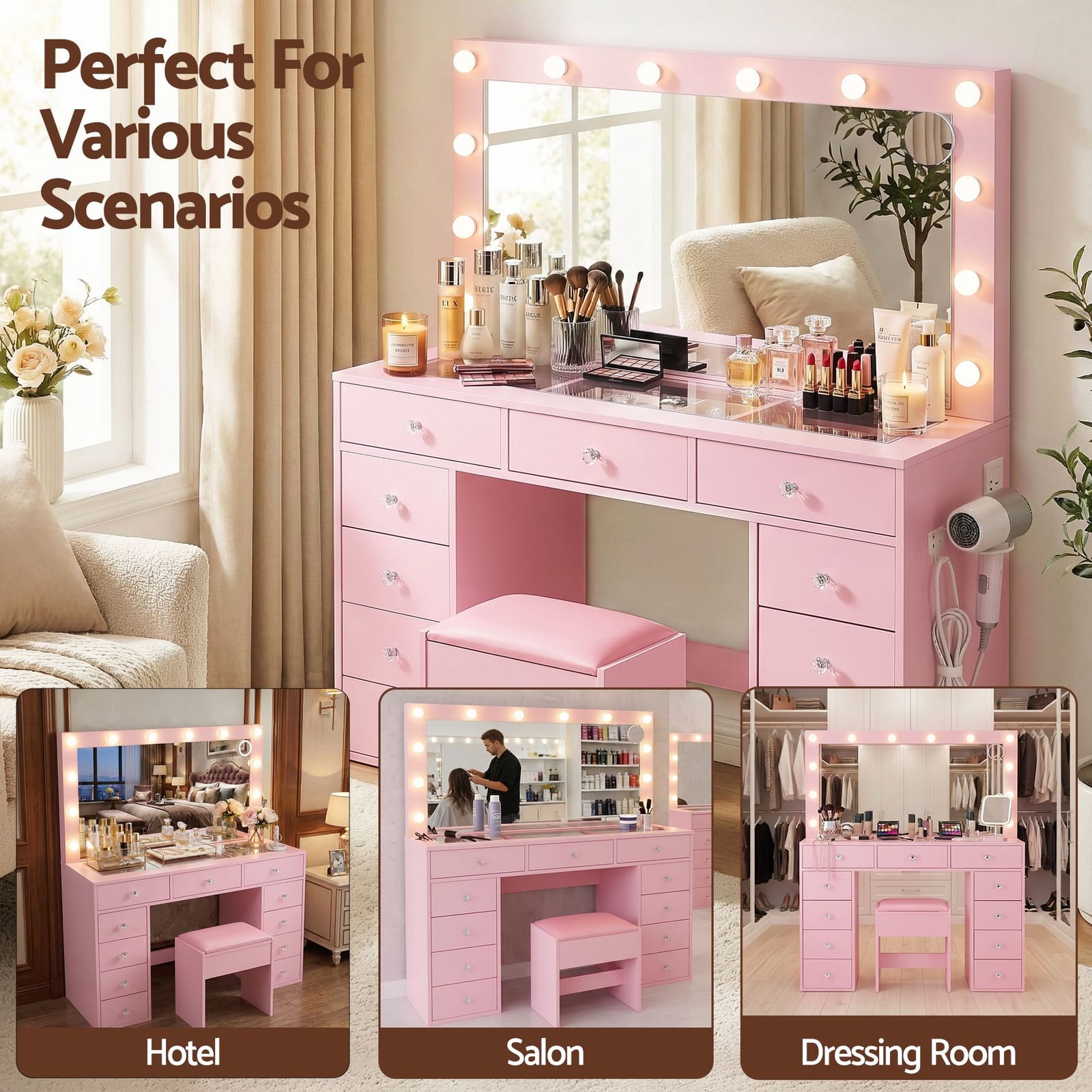 Dressing Table Pink Vanity Set 120x35x142cm
