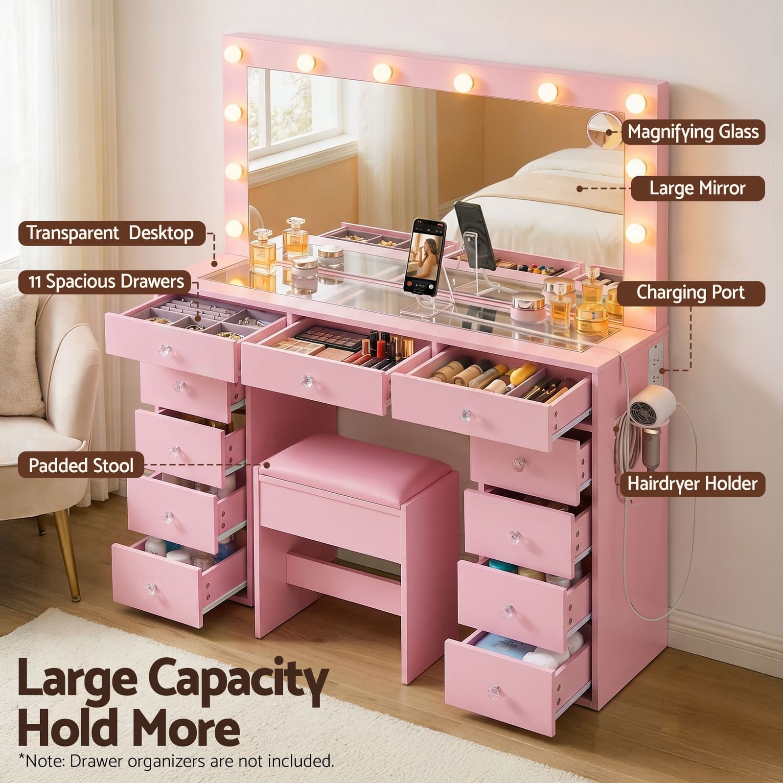 Dressing Table Pink Vanity Set 120x35x142cm