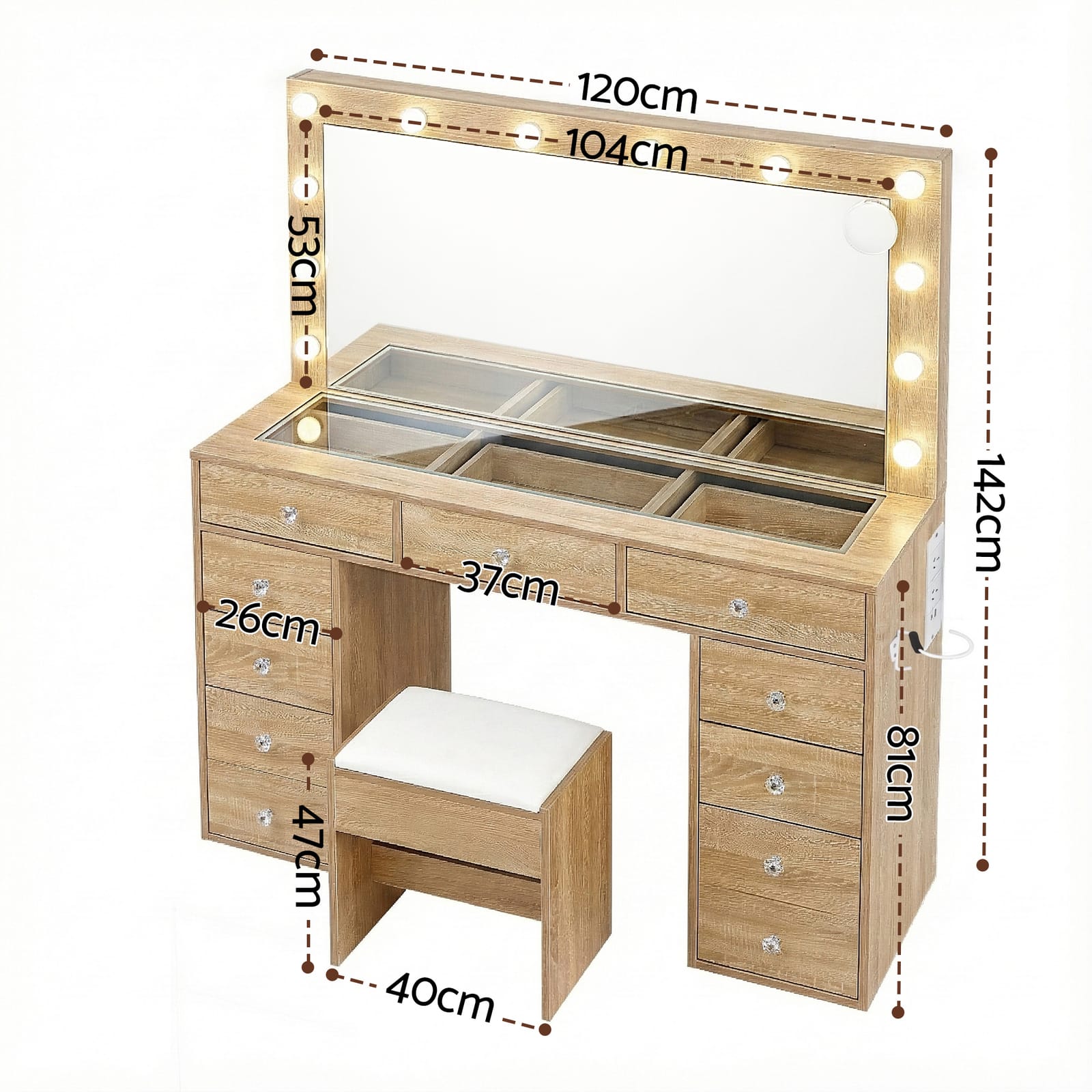 Vanity Desk Set With LED Lights 120x35x142cm