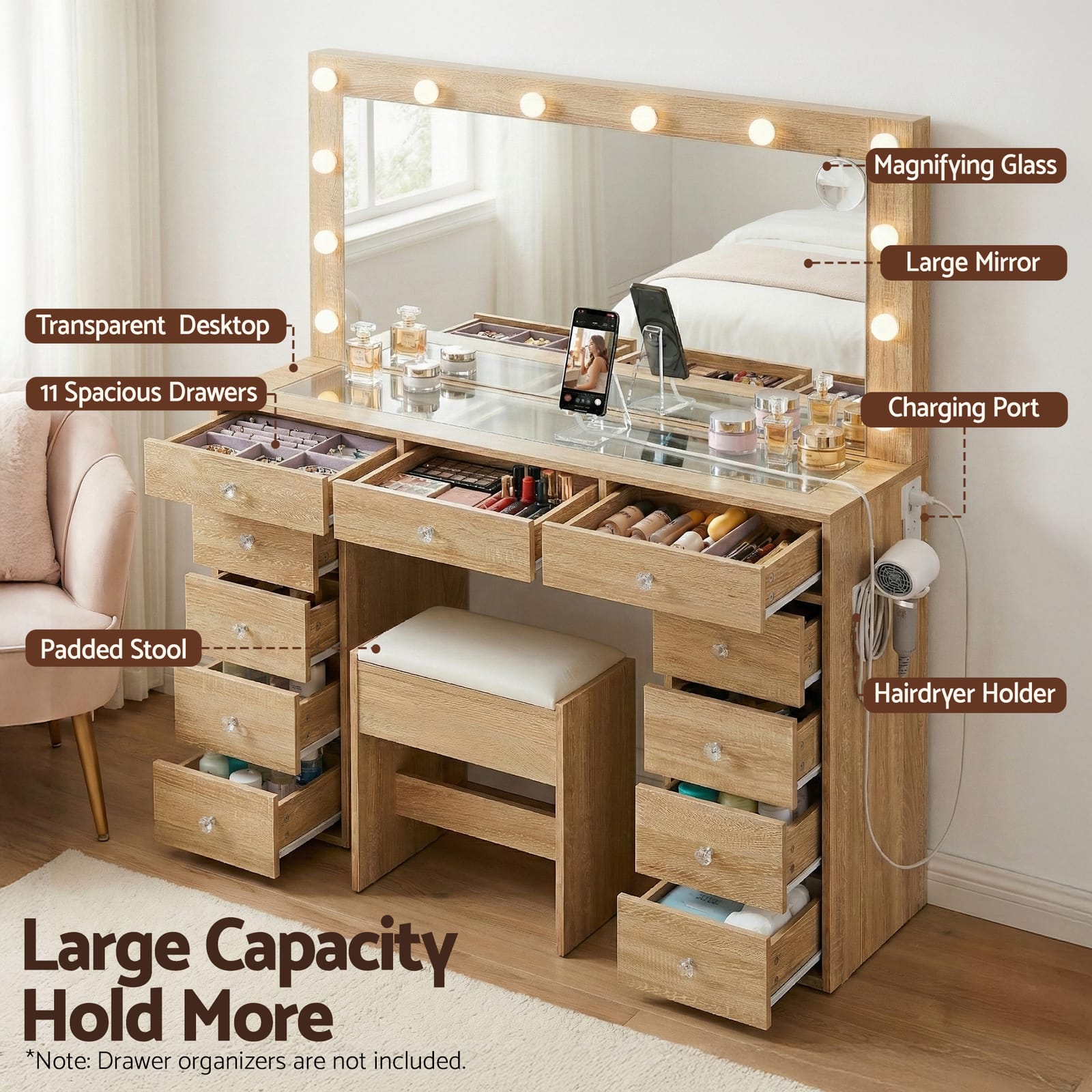 Vanity Desk Set With LED Lights 120x35x142cm